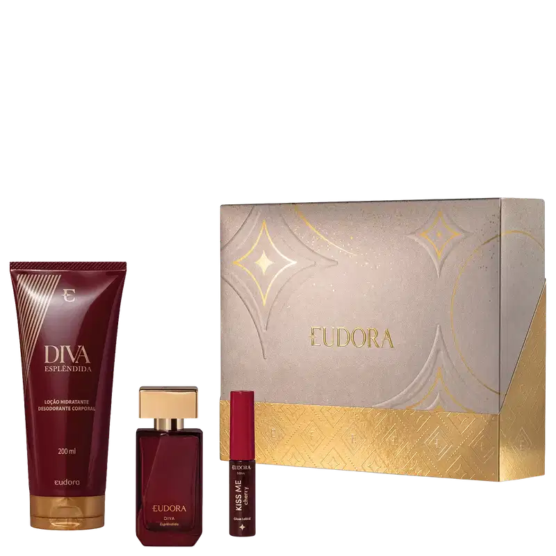 Kit Diva Esplendida Eudora contém loção hidratante 200ml em frasco vermelho, perfume em frasco quadrado vermelho com tampa dourada e gloss labial cherry. Embalagem luxuosa bege e dourada.