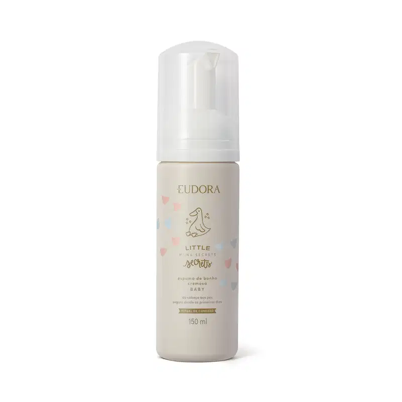 Frasco de espuma de banho cremosa de Eudora da linha Little Secrets da Eudora, com embalagem branca e detalhes em cores pastel, contendo 150 ml do produto.