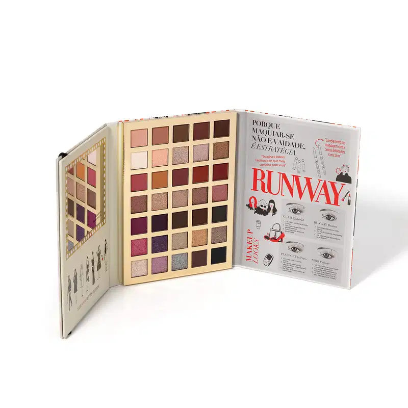 Paleta de sombras de olhos com 35 cores em tons neutros e quentes, embalada em uma caixa com design gráfico que se abre em três faces, com tutorial de make na terceira face. Inspirada na revista Runway Magazine.