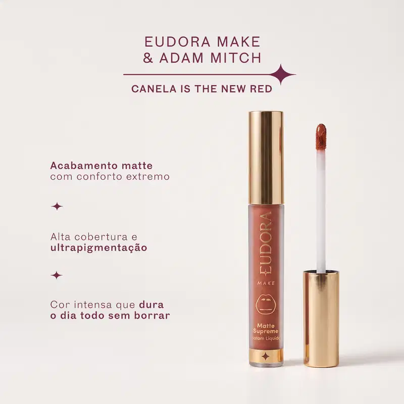 Card de claims do Batom Matte Supreme: Canela is the new red. Em texto: acabamento matte com conforto extremo; alta cobertura e ultrapigmentação; cor intensa que dura o dia todo sem borrar.