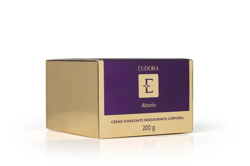 Embalagem do Creme hidratante desodorante corporal da marca Eudora, na cor roxa e dourada, em embalagem retangular de 200 g com rótulo destacando o nome "Absolu".