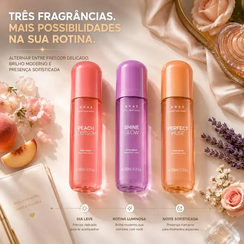 Kit Trio Braé by Ana Paula Siebert Body Splash Shine Glow 200ml + Body Splash Perfect Muse 200ml + Peach Blossom 200ml