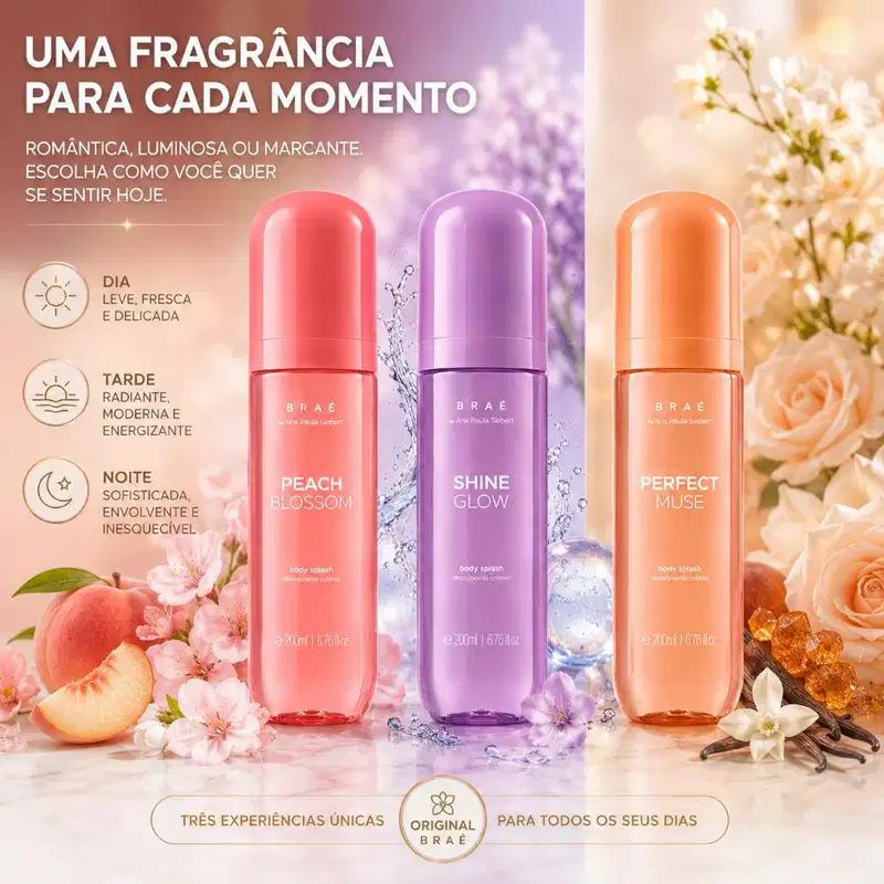 Kit Trio Braé by Ana Paula Siebert Body Splash Shine Glow 200ml + Body Splash Perfect Muse 200ml + Peach Blossom 200ml