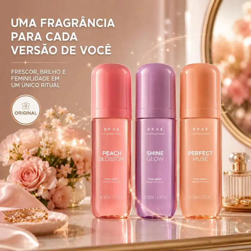 Kit Trio Braé by Ana Paula Siebert Body Splash Shine Glow 200ml + Body Splash Perfect Muse 200ml + Peach Blossom 200ml