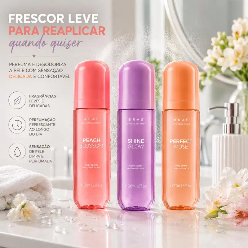 Kit Trio Braé by Ana Paula Siebert Body Splash Shine Glow 200ml + Body Splash Perfect Muse 200ml + Peach Blossom 200ml