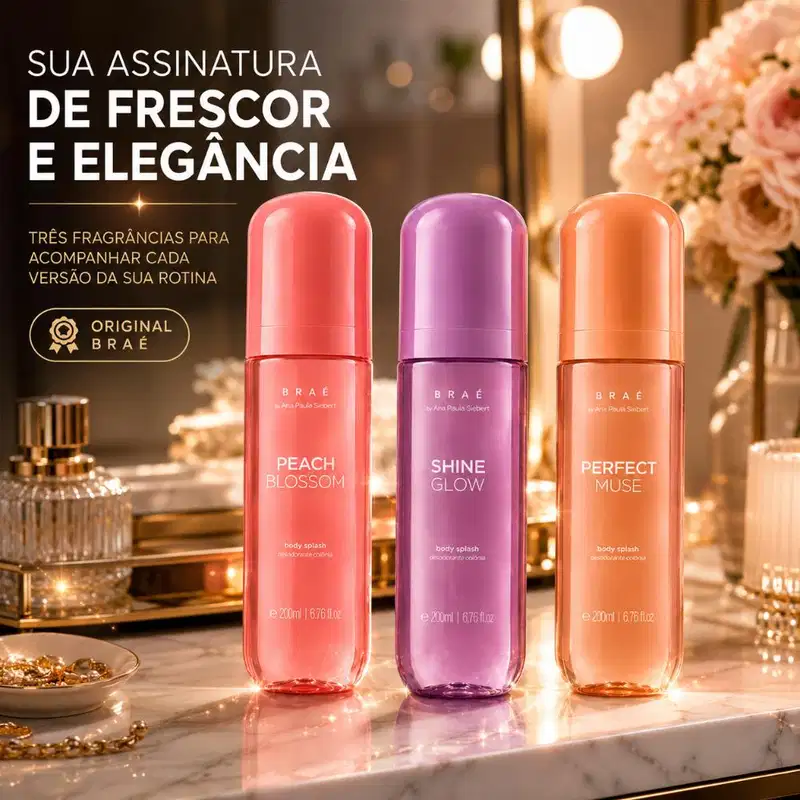 Kit Trio Braé by Ana Paula Siebert Body Splash Shine Glow 200ml + Body Splash Perfect Muse 200ml + Peach Blossom 200ml