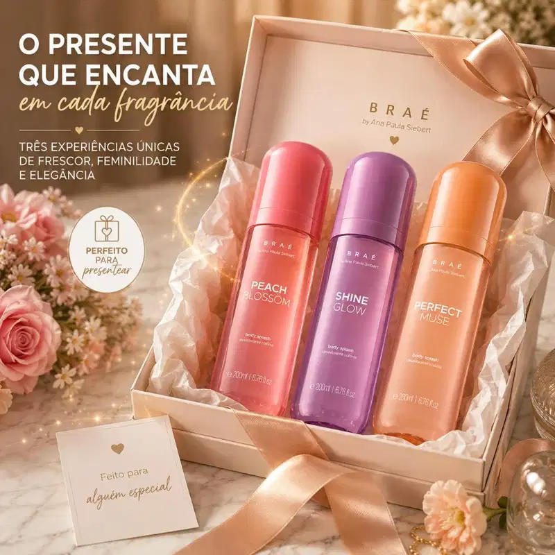 Kit Trio Braé by Ana Paula Siebert Body Splash Shine Glow 200ml + Body Splash Perfect Muse 200ml + Peach Blossom 200ml