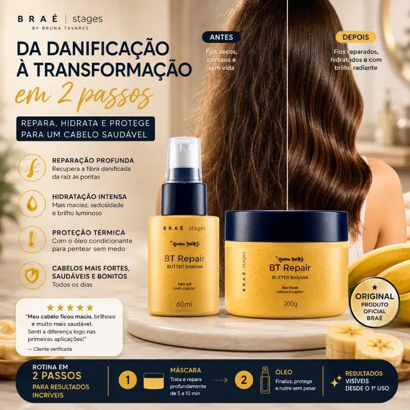 Kit Braé Stages By Bruna Tavares Óleo Condicionante Repair Butter Banana + Máscara Condicionante Repair Butter Banana