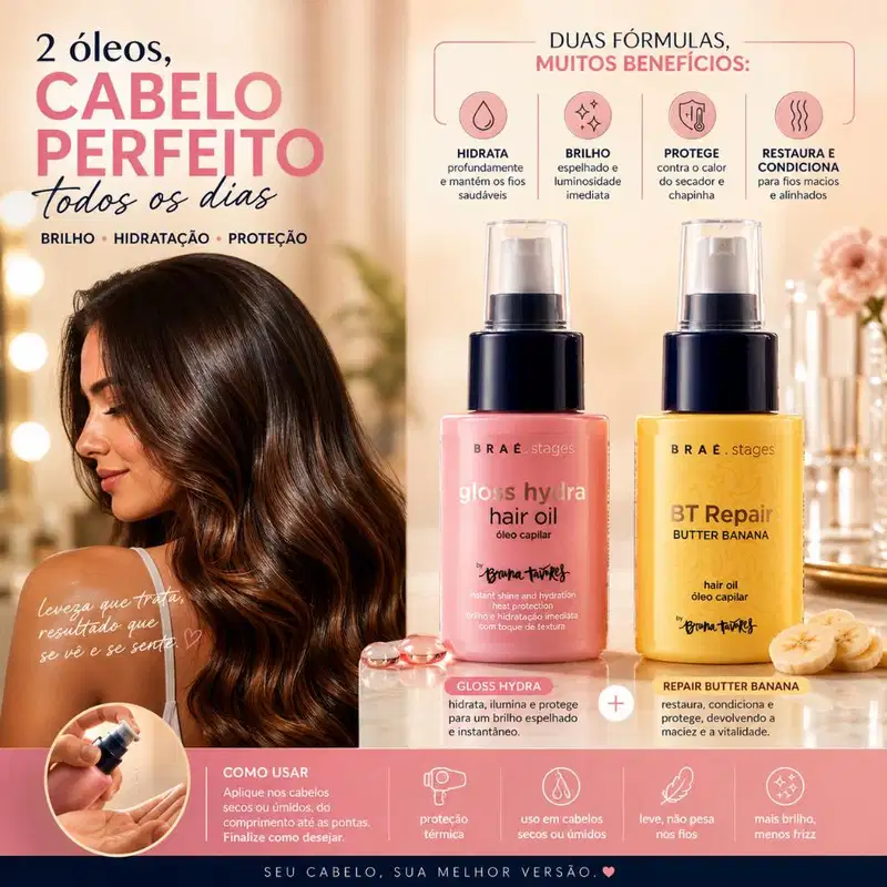 Kit Braé Stages by Bruna Tavares Óleo Gloss Hydra + Óleo Condicionante Repair Butter Banana 60ml