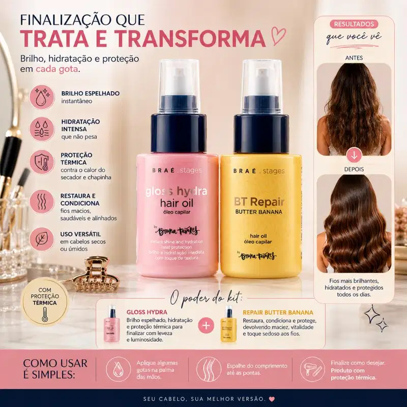 Kit Braé Stages by Bruna Tavares Óleo Gloss Hydra + Óleo Condicionante Repair Butter Banana 60ml