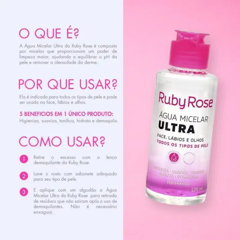 Água Micelar Ultra 120ml - todos os tipos de pele - Ruby Rose