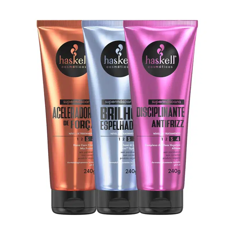 Kit Supermáscaras Haskell Aceleradora de Força, Brilho Espelhado e Disciplinante Antifrizz 240g