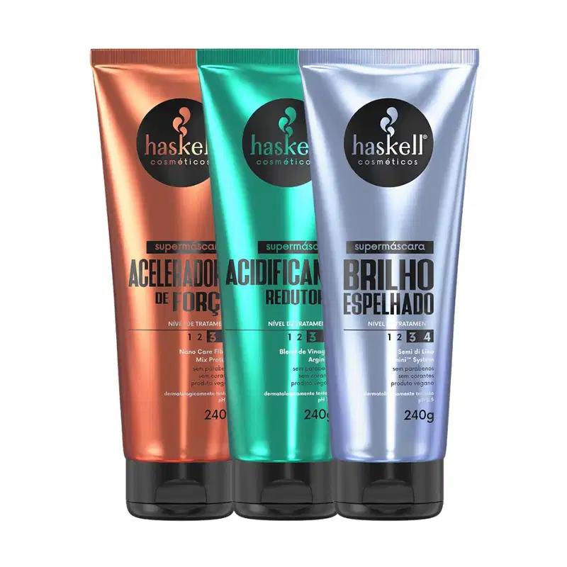 Kit Supermáscaras Haskell Acidificante Redutor de pH, Brilho Espelhado e Aceleradora de Força 240g