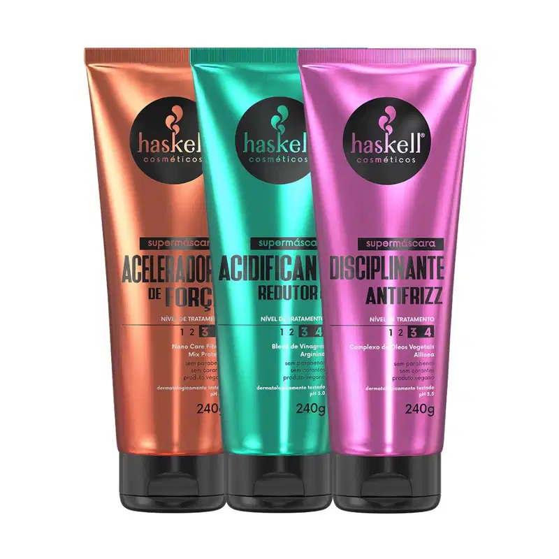 Kit Supermáscaras Haskell Acidificante Redutor de pH, Disciplinante Antifrizz e Aceleradora de Força 240g