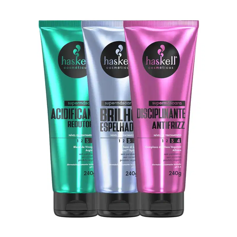 Kit Supermáscaras Haskell Acidificante Redutor de pH, Brilho Espelhado e Disciplinante Antifrizz 240g