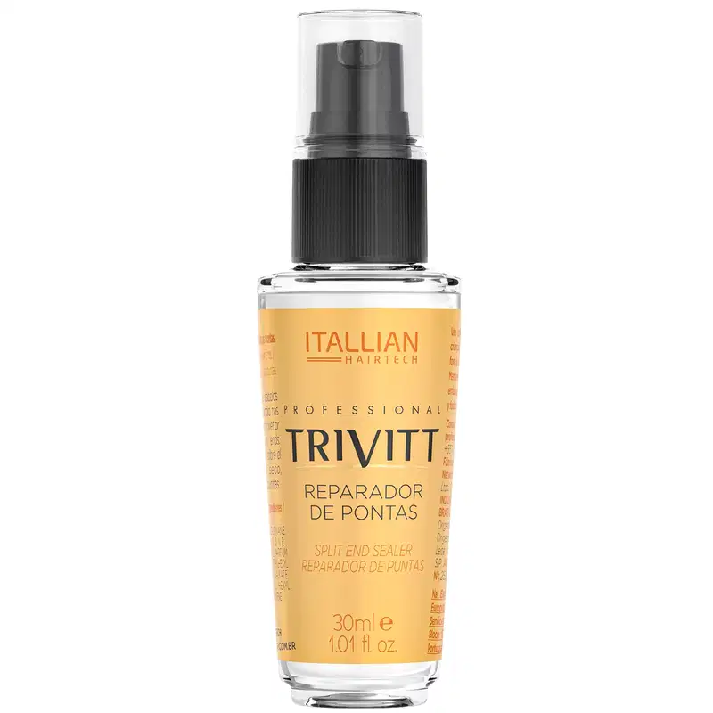 Produto para reparação de pontas dos cabelos da marca Itallian Hairtech. Frasco transparente de vidro com líquido amarelo claro. Embalagem de 30ml ou 1.01 fl oz.