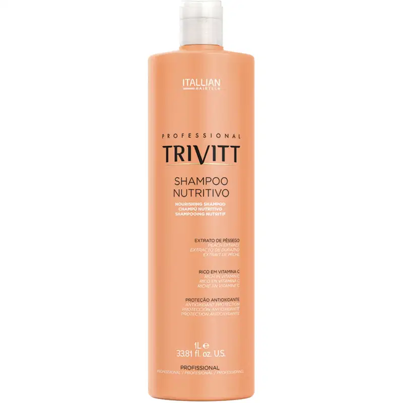 Shampoo nutritivo da marca Trivitt, linha profissional da Itallian Hairtech. Embalagem plástica na cor bege, formato cilíndrico. Volume de 1 litro.