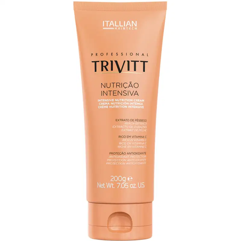 Produto de nutrição intensiva para cabelos Italian Hairtech. Embalagem em tubo plástico na cor laranja. Peso líquido de 200g ou 7,05 onças.
