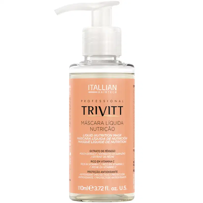 Máscara líquida nutritiva Trivitt da marca Italian Hairtech. Frasco transparente com líquido alaranjado e tampa branca de bomba. Volume de 110ml ou 3.72 fl. oz.