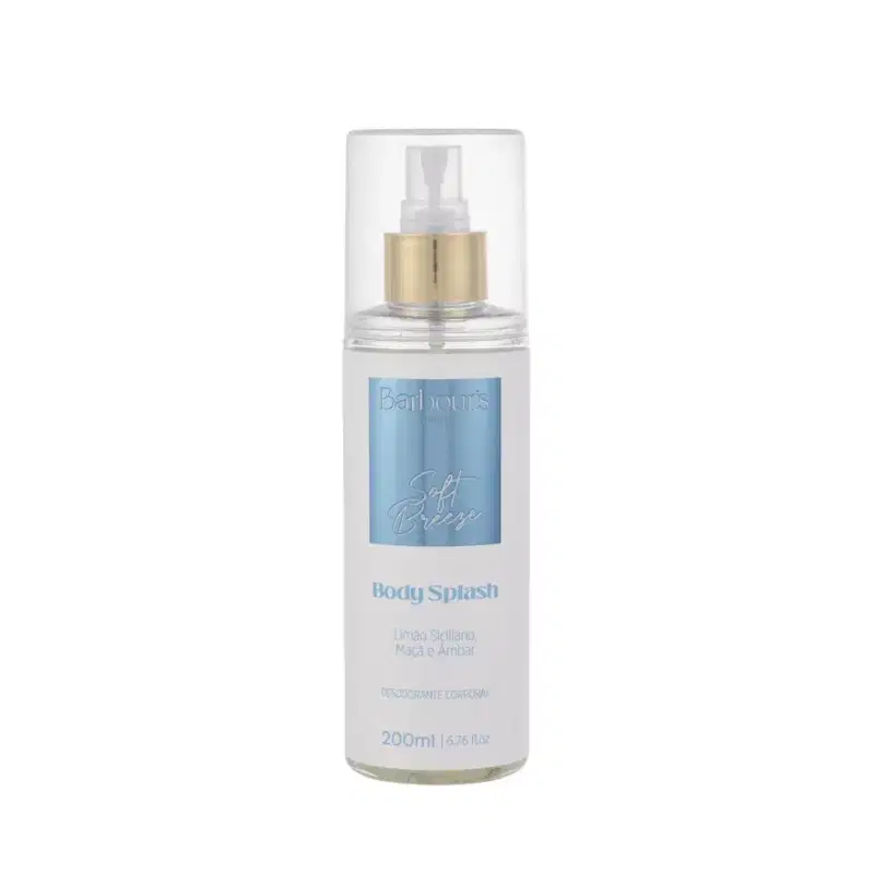 Frasco de corpo Barbour's Beauty Soft Breeze, com 200ml, em embalagem transparente com tampa dourada, rótulo azul claro com texto "Body Splash".