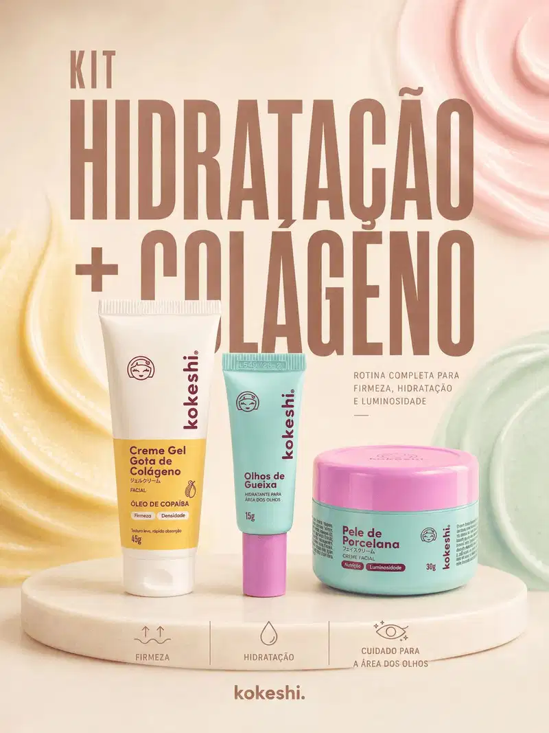 Kit Kokeshi Facial Olhos de Gueixa 15g +  Pele de Porcelana 30g + Gota de Colágeno 45g