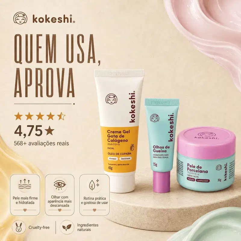 Kit Kokeshi Facial Olhos de Gueixa 15g +  Pele de Porcelana 30g + Gota de Colágeno 45g