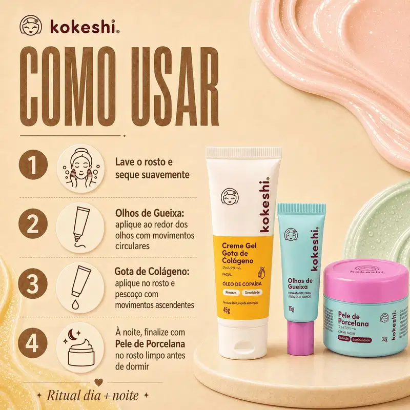 Kit Kokeshi Facial Olhos de Gueixa 15g +  Pele de Porcelana 30g + Gota de Colágeno 45g