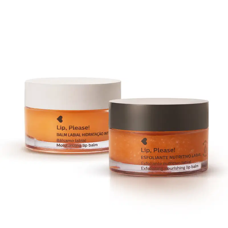 Dois potes da marca Lip, Please! Quem Disse, Berenice?, sendo um branco de balm labial de hidratação intensa e outro preto de esfoliante nutritivo labial, ambos com rótulo laranja e branco com letras pretas contendo 8g de produto.