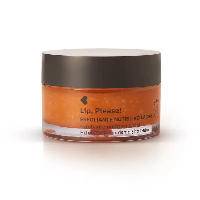 Pote de tampa preta e rótulo laranja com detalhe branco e letras pretas contendo 8g de esfoliante nutritivo labial da marca Lip, Please! Quem Disse, Berenice?.