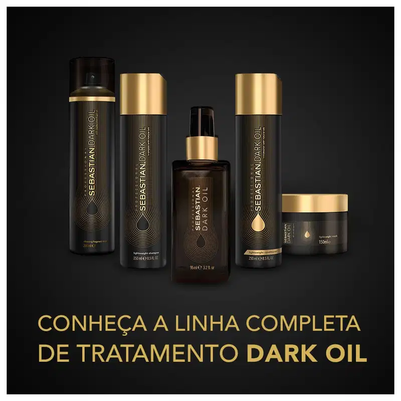 A imagem apresenta uma linha completa de produtos de tratamento capilar da marca Sebastian Professional Dark Oil. Os produtos incluem shampoo, condicionador, óleo de tratamento, spray de brilho e máscara capilar.