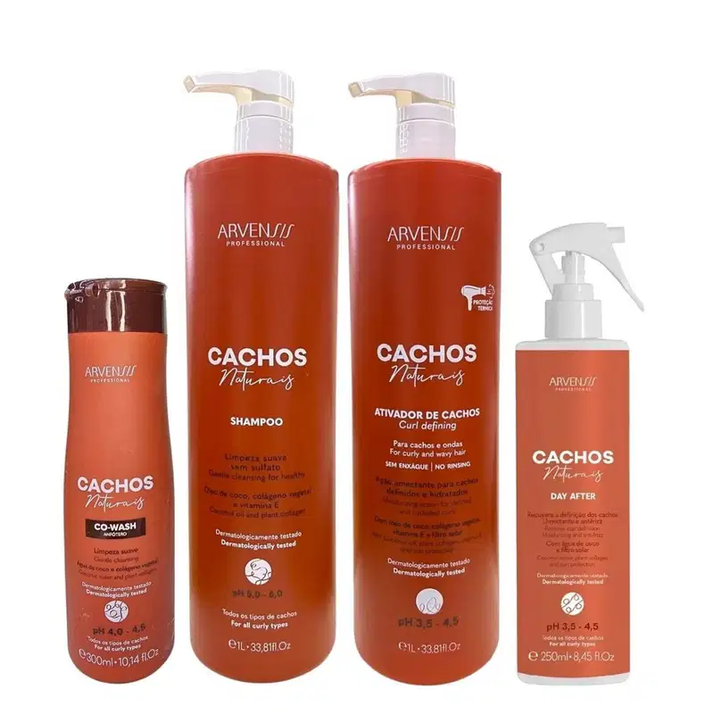 Kit Arvensis Cachos Naturais - Shampoo 1L + Ativador De Cachos 1L + Co-Wash 300ml + Day After 250ml