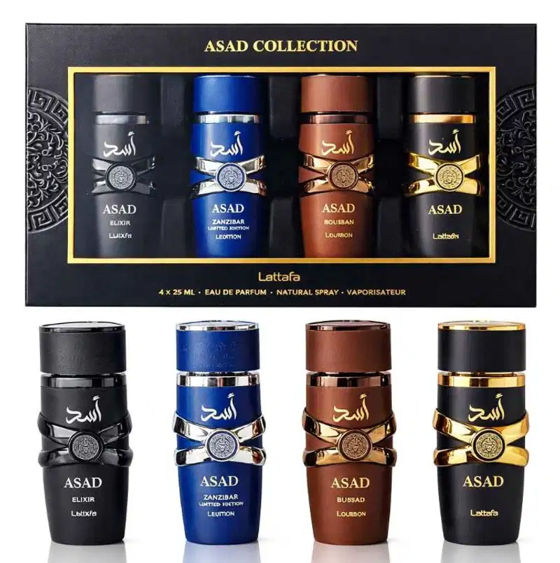 A coleção de perfumes Asad da Lattafa, composta por 4 frascos de 25ml cada, em embalagens pretas, azuis, marrons e douradas, com rótulos destacando os nomes dos perfumes: Elixir, Zanzibar, Bouban e Lattafa.
