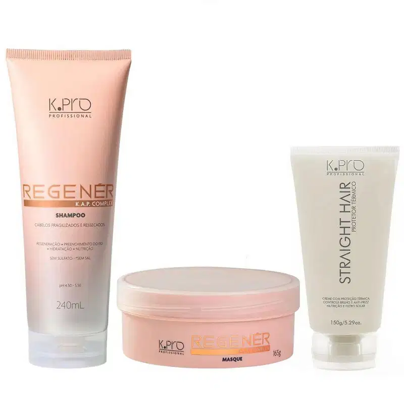 Kit K.Pro Regenér - Shampoo 240ml & Máscara 165g + Straight Hair 150ml