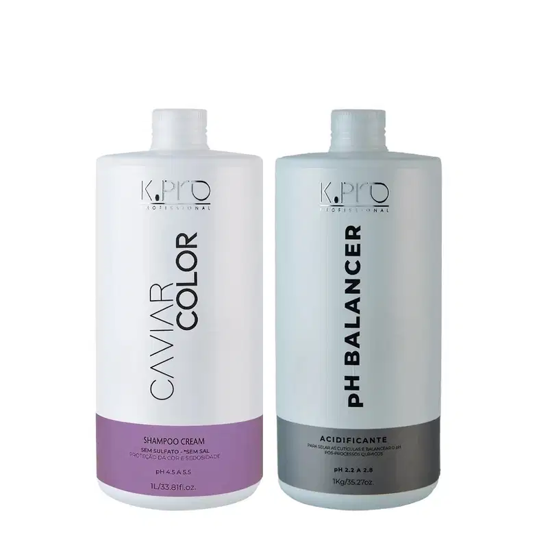Frascos de Shampoo Caviar Color e Acidificante pH Balancer, ambos da marca K.Pro.