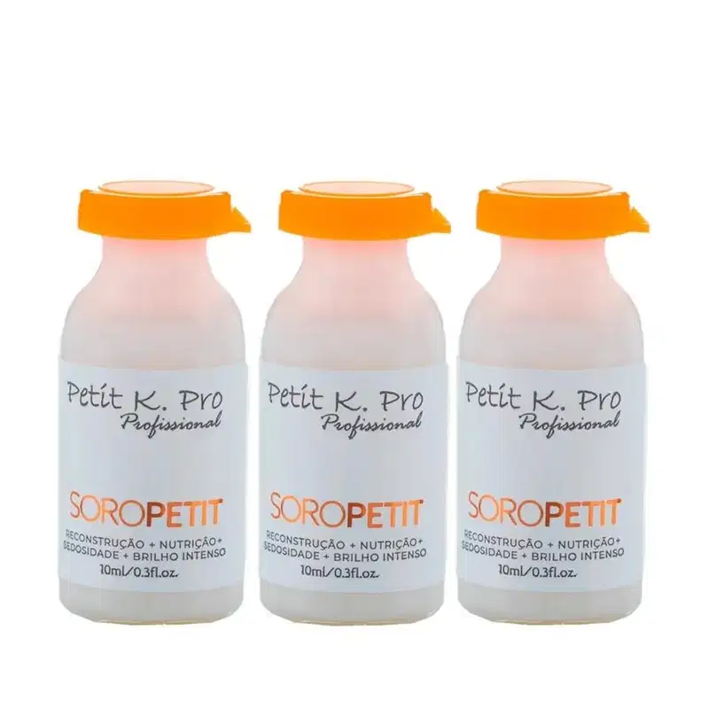 Três frascos de vidro translúcidos com tampas laranja da linha Soropetit da marca K.Pro Professional, contendo 10ml de produto cada. Os rótulos indicam que se trata de um tratamento de reconstrução, nutrição e brilho intenso.