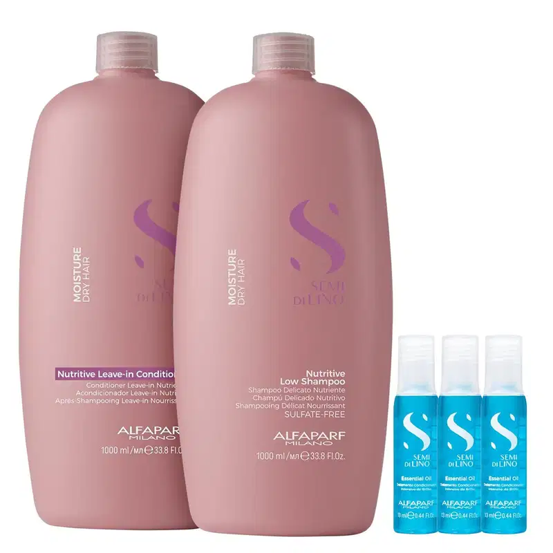 Kit Alfaparf Semi Di Lino Moisture - Shampoo 1L + Leave in Condicionador 1L + 3x Ampola 13ml