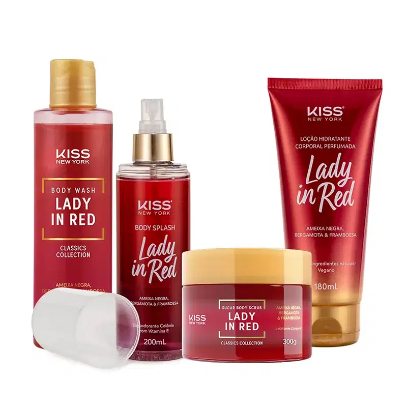 Kit Kiss New York Lady In Red Body Splash + Sabonete Líquido + Sugar Body Scrub + Loção Hidratante