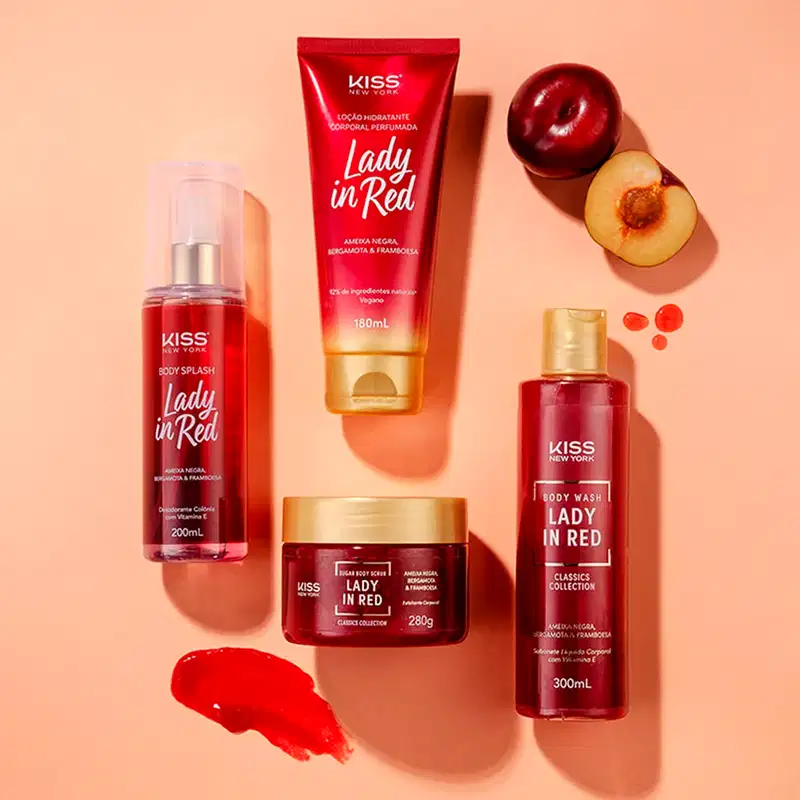 Kit Kiss New York Lady In Red Body Splash + Sabonete Líquido + Sugar Body Scrub + Loção Hidratante