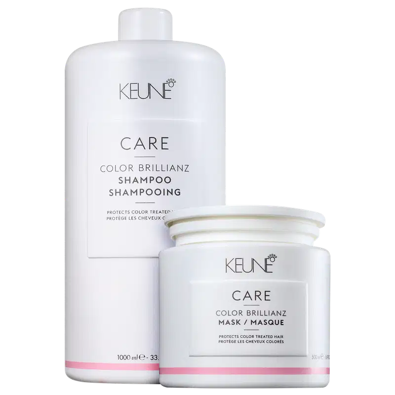 Dois produtos da marca Keune Care: um frasco de shampoo Color Brillianz e um pote de máscara Color Brillianz, ambos em embalagens brancas com detalhes em rosa, apresentando informações sobre a proteção da cor dos cabelos.