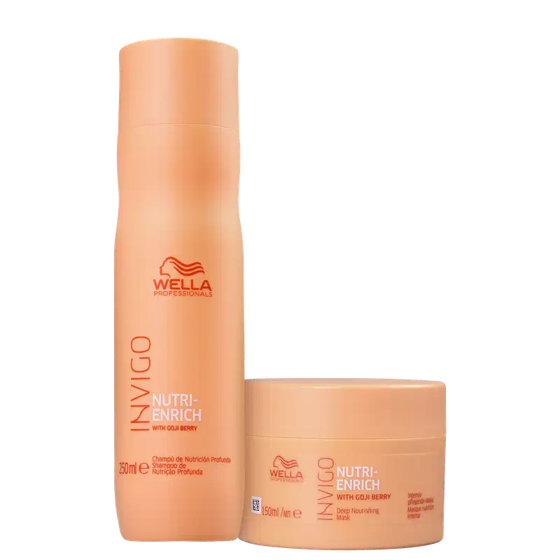 Frasco de shampoo com o logotipo da Wella e o nome "Nutri-Enrich with Goji Berry" impresso. Também há uma máscara capilar na mesma cor laranja.
