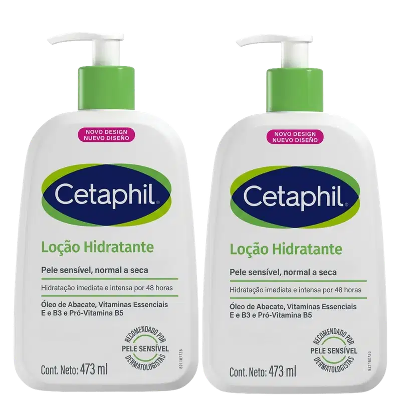 Dois frascos de loção hidratante da marca Cetaphil, com embalagem branca e verde, contendo 473 ml cada. Os rótulos exibem o nome da marca, o tipo de produto "Loção Hidratante" e informações sobre a formulação