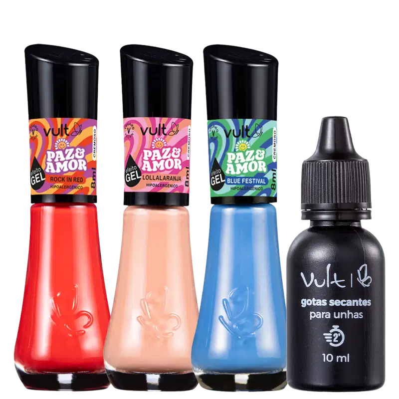 Kit Vult 5Free Esmaltes Coleção Paz & Amor + Gotas Secantes (4 Produtos)