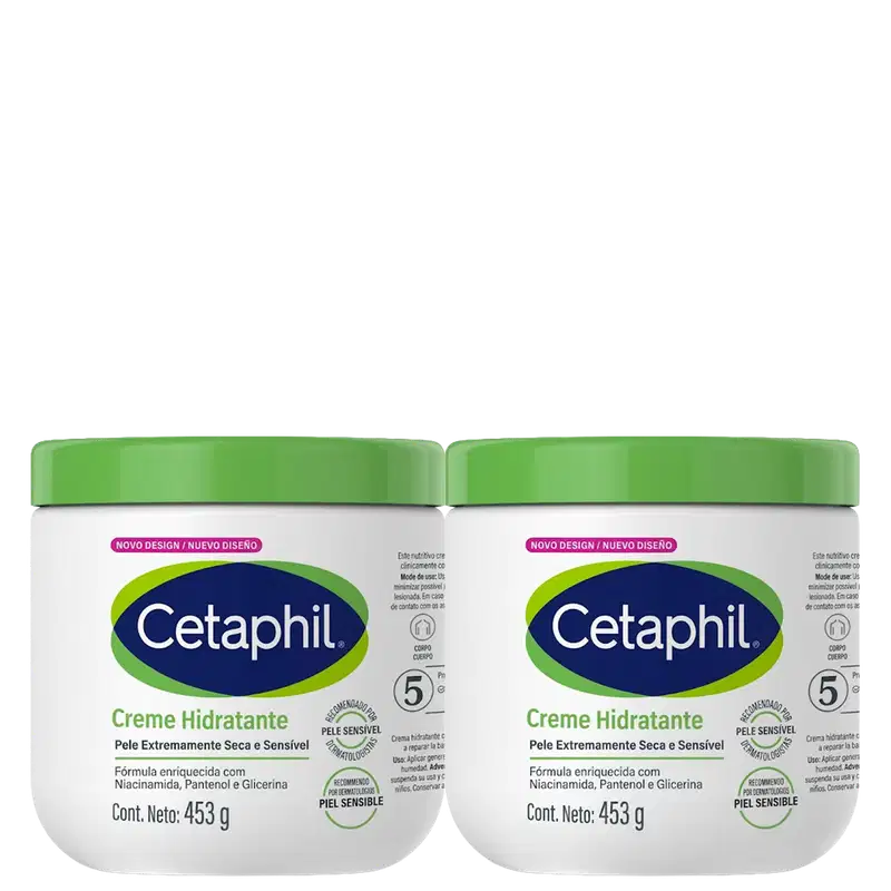 Dois potes de creme hidratante da marca Cetaphil, com embalagem branca e verde, contendo 453g cada. Os rótulos destacam a fórmula enriquecida com niacinamida, pantenol e glicerina, indicada para pele extremamente seca e sensível.