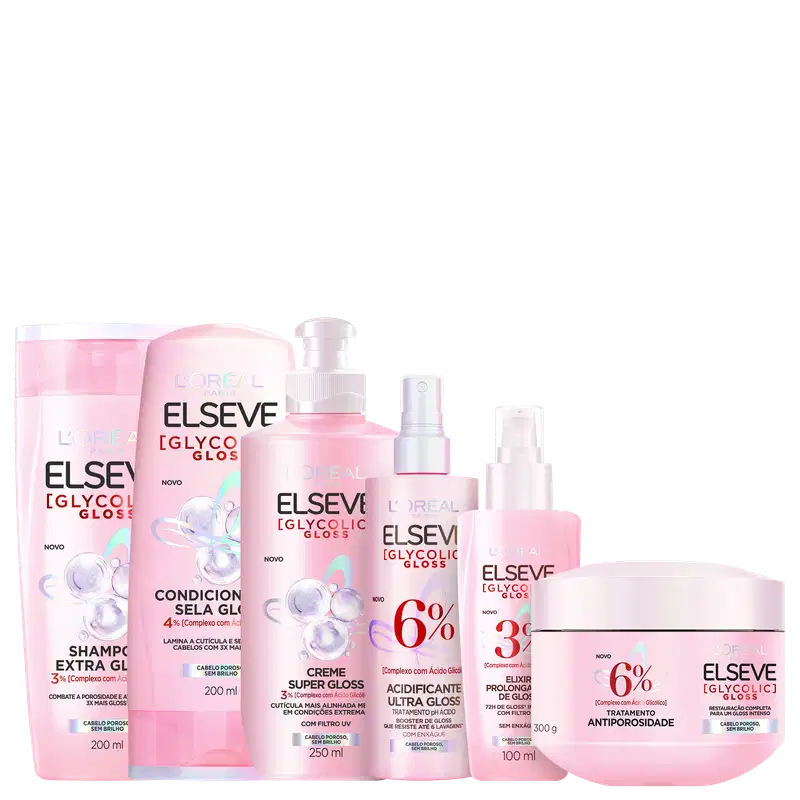 Produtos da linha Elseve Glycolic Gloss da L'Oreal, incluindo shampoo, condicionador, creme e tratamento para cabelos. Embalagens em tons de rosa e branco com rótulos destacando os benefícios do ácido glicólico.