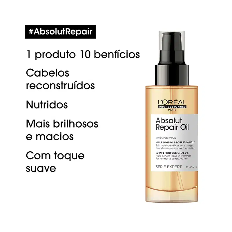 Frasco de item de perfumaria da marca L'Oreal Professionnel, com rótulo "Absolut Repair Oil" em fundo branco. Texto em português lista 10 benefícios do produto, incluindo cabelos reconstruídos, nutridos, brilhosos e macios.