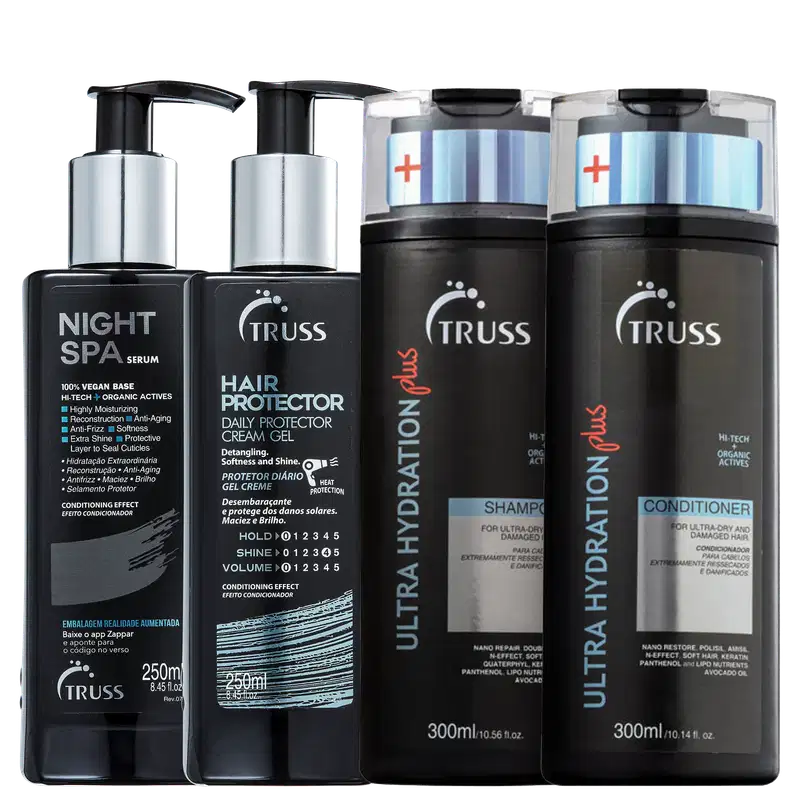 A imagem mostra um sérum noturno, um frasco de shampoo e condicionador e um leave-in. Os produtos são apresentados em frascos plásticos pretos e prata, exibindo os logotipos e descrições da marca Truss.