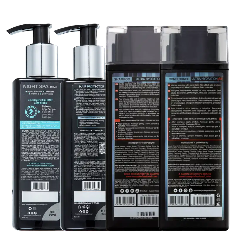 A imagem traz a parte de trás de quatro embalagens de produtos para cabelos. Os frascos são elegantes, na cor preta, com rótulos detalhando os ingredientes e informações dos produtos em inglês e português.