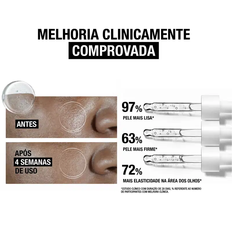 A imagem mostra uma arte com indicações de melhoria clinicamente comprovada no uso dos produtos.