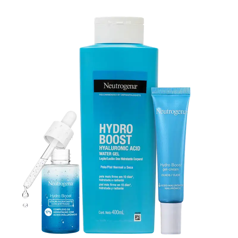 O imagem mostra um kit com 3 produtos Neutrogena da linha Hydro Boost. Um frasco grande, no meio, de hidratante corporal, na esquerda um frasco menor azul com o aplicador acima e na direita uma bisnaga pequena azul, com tampa branca para a área dos olhos.