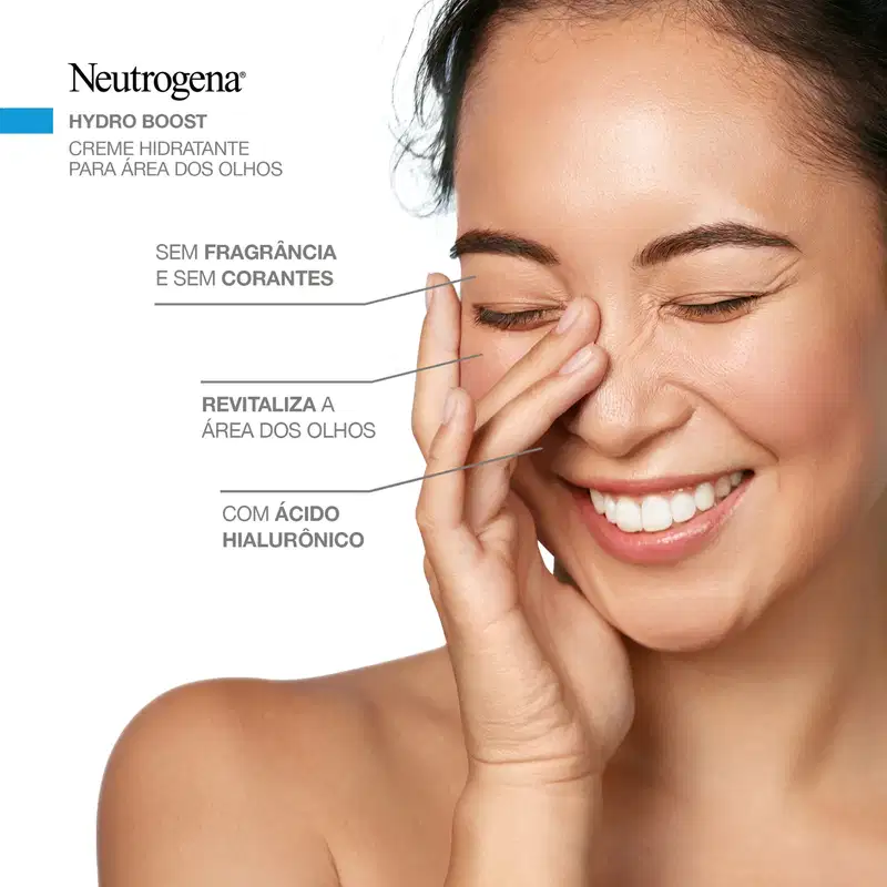 A imagem mostra uma mulher sorrindo, de olhos fechados, com uma das mãos no rosto e informações sobre o produto agindo na pele.